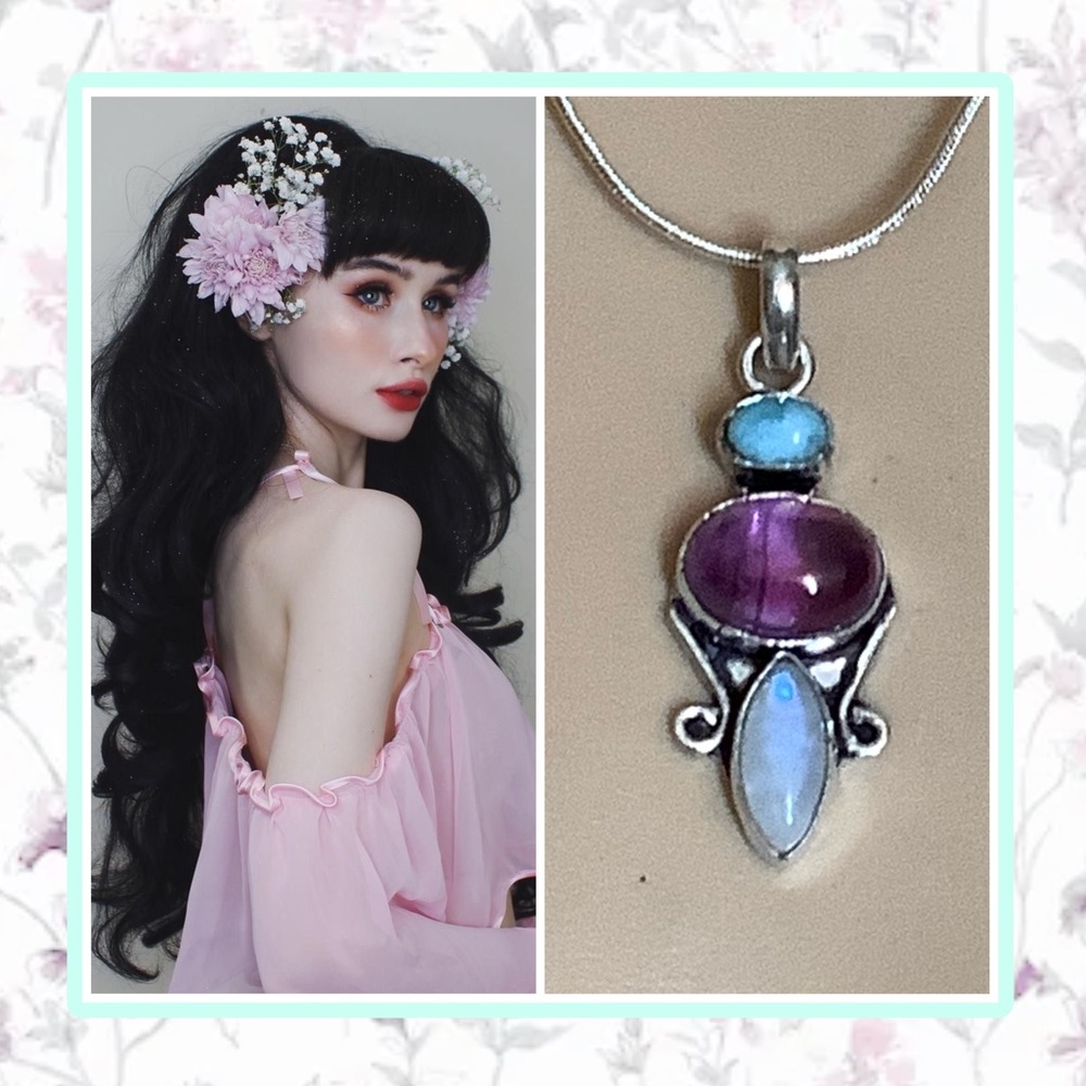 🌸 AMETHYST NECKLACE TRIPLE STONE PENDANT TURQUOISE MOONSTONE CELTIC GODDESS GEM